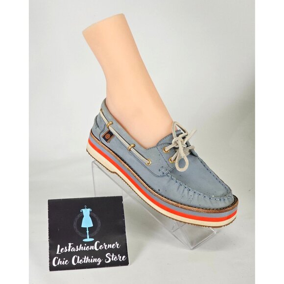 Tory Burch Women's Blue Nubuck Leather Joey Platform Boat Shoes Size 8 241 - Picture 16 of 16